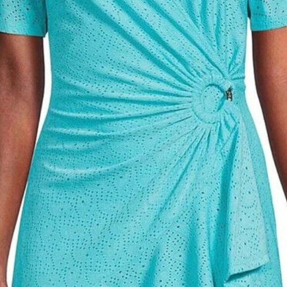 Michael Kors Wrap Dress Eyelet Dress Surplice V-Neck Short Flutter Sleeve Ring - Picture 2 of 6